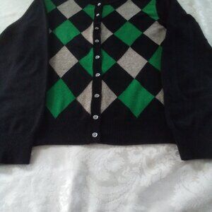 Cashmere 100% Argyle Cashmere Cardigan Green/White/Black Preppy Button Up Apt 9